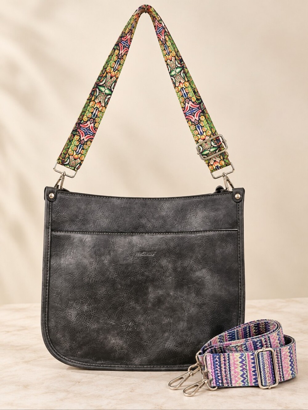 Gray Crossbody Hobo Bag with 2 Boho Guitar Straps